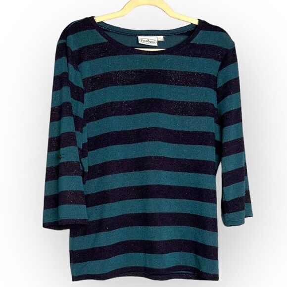 Patchington striped, black/green shimmery sweater polyester/rayon size large - Picture 1 of 9